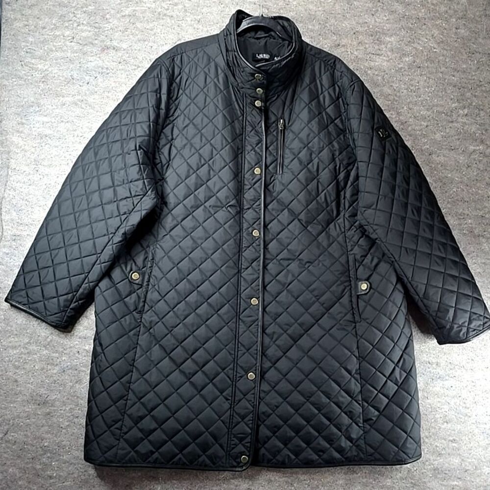 Lauren Ralph Lauren Coat Quilted Faux Leather Trim Womens Sz 3X Black NO HOOD